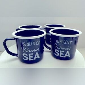 Navy Blue Enamel Mugs Set - "In Need of Vitamin Sea"